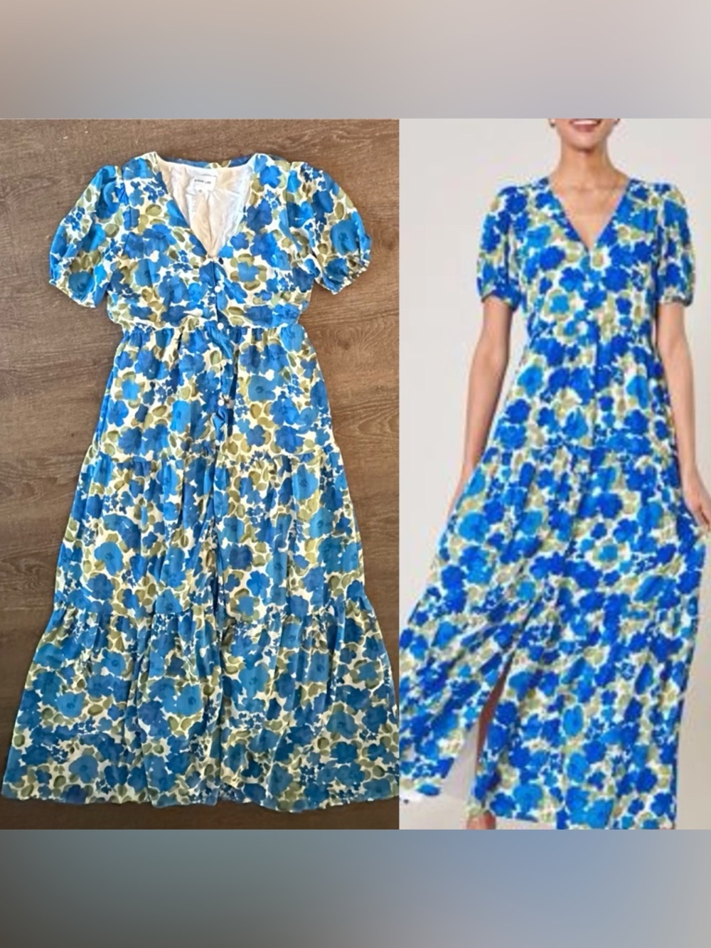 Sugar + Lips Floral Midi Dress Size XS X-Small Blue Green puff Sleeve